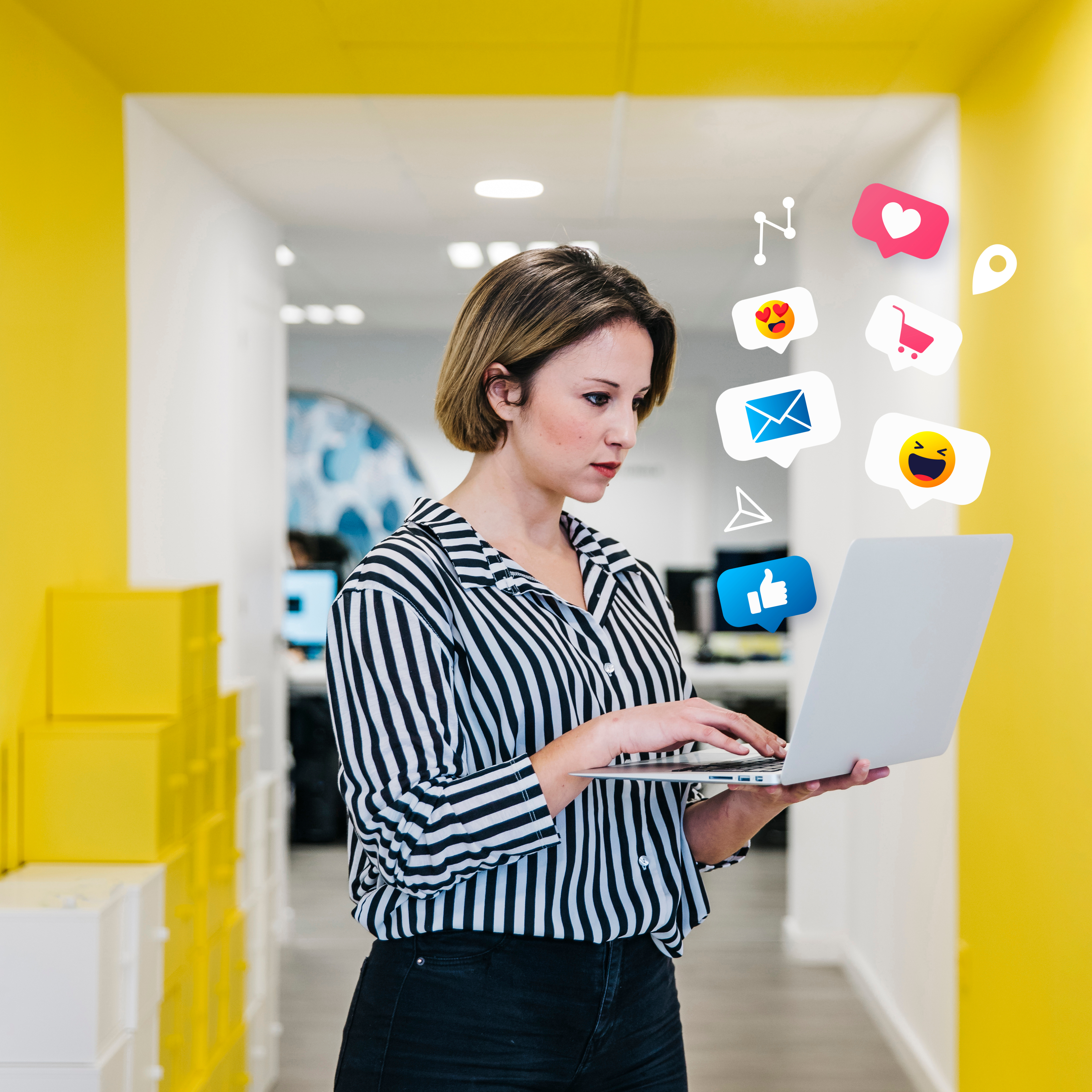 Woman at a counter with online shopping icons
