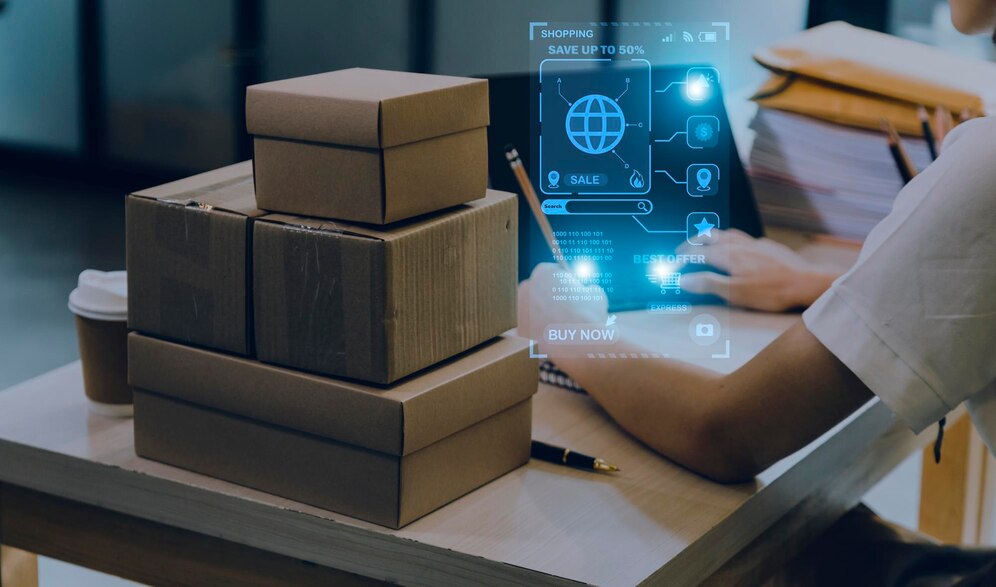Warehouse logistics and digital interface overlay
